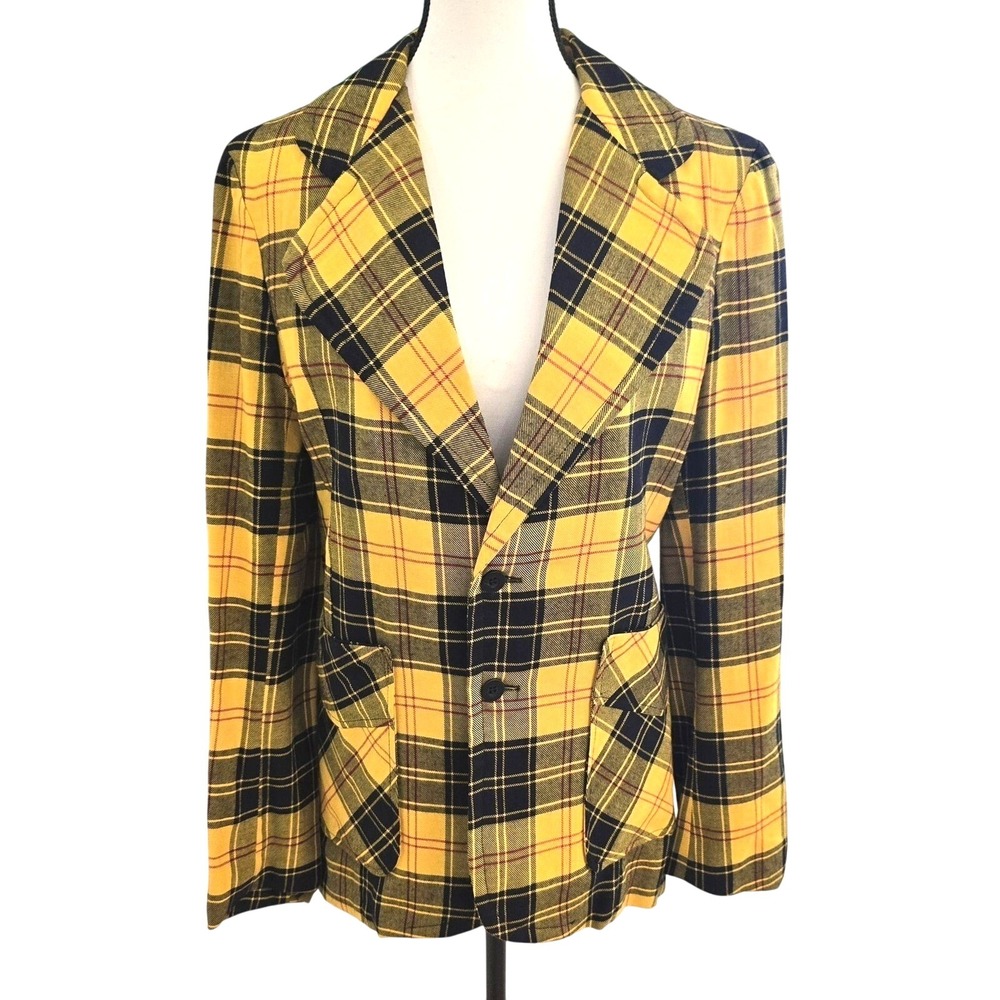 70s VINTAGE bootlegger Blazer Womens 38 Yellow Black Plaid Tartan Wide‎ Lapel